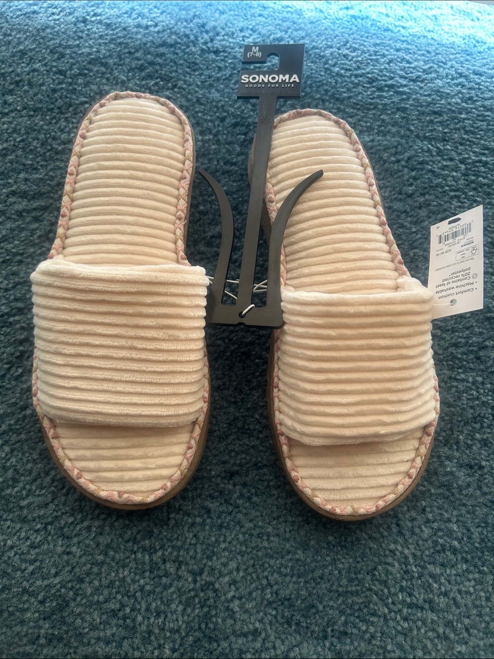 Sonoma Cream Ribbed Slide Slippers with Pink Trim